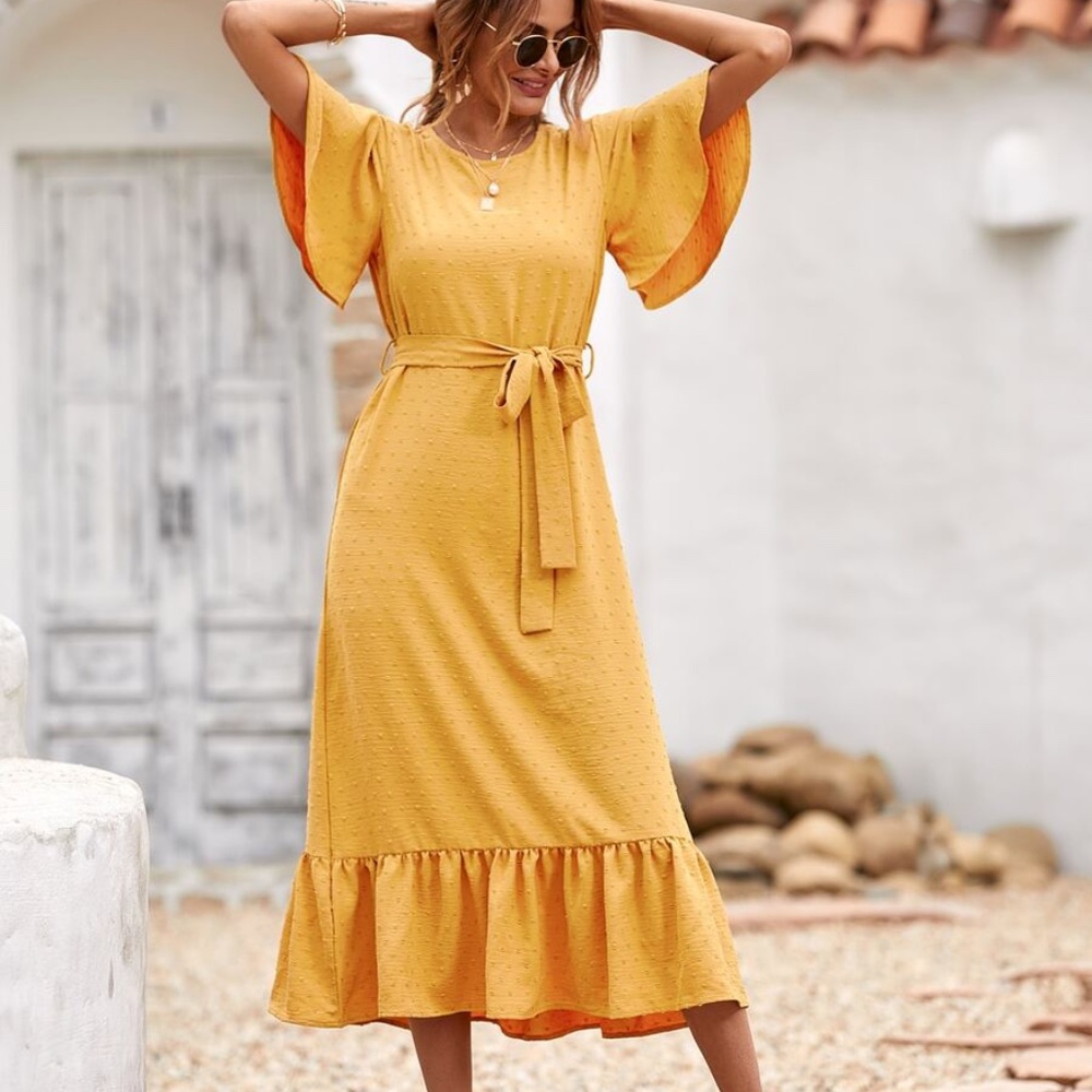 BohoYellow Swiss Dot Ruffle Butterly Sleeve Dress